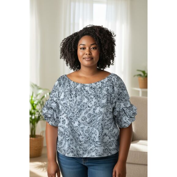 Cece Women’s Flutter Sleeve Blouse Xl blue flower pattern beach - Picture 1 of 8